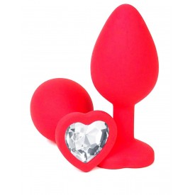 Красная силиконовая анальная пробка с прозрачным стразом-сердцем - 10,5 см.